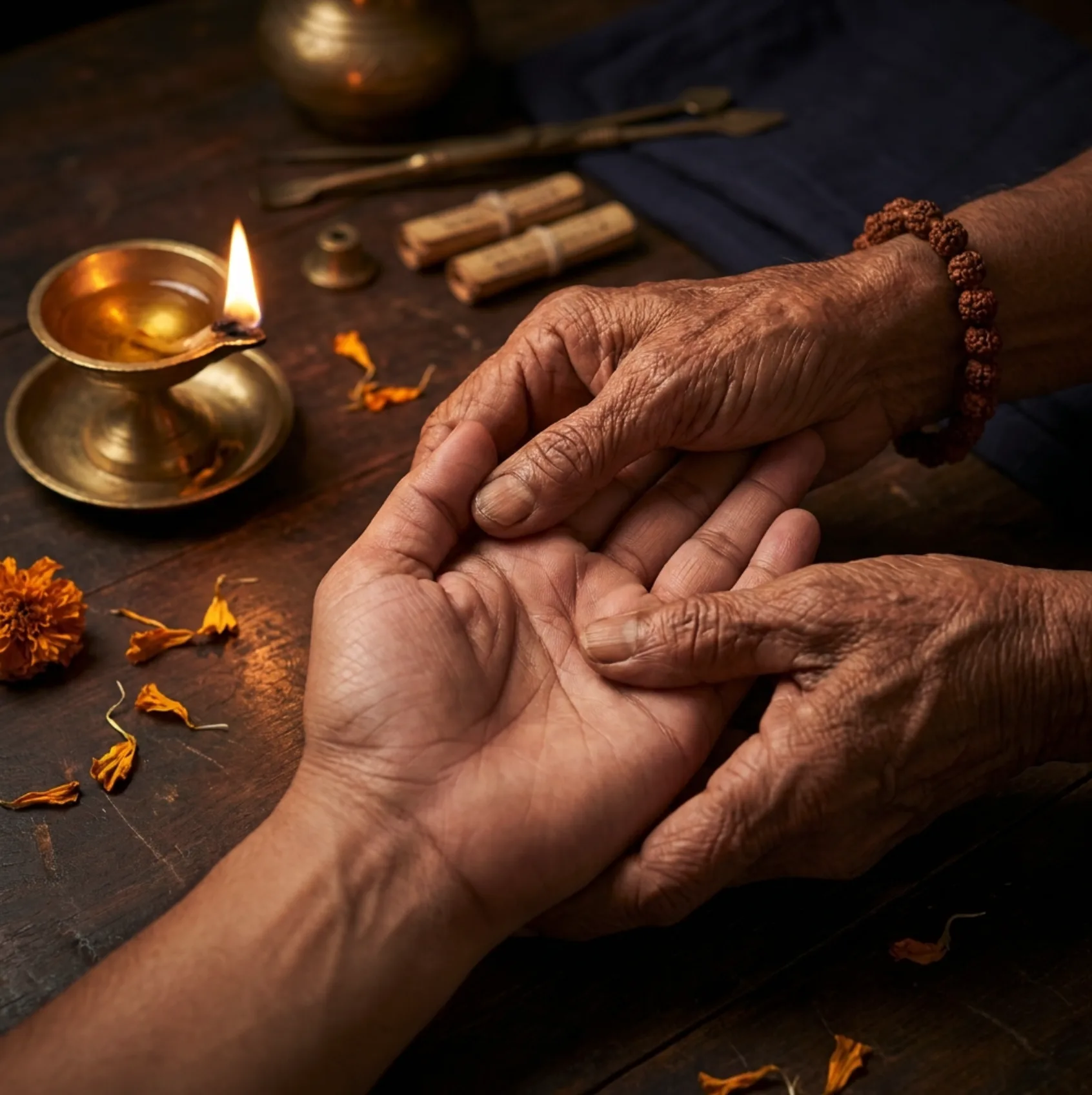 Vedic palmistry reading — palm lines under temple light